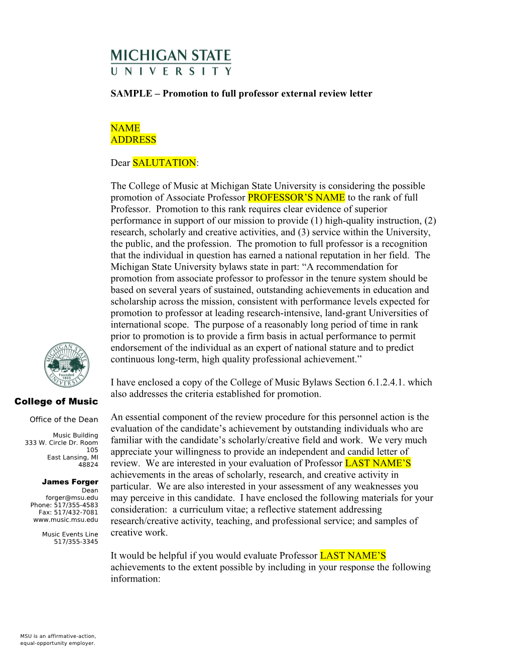 SAMPLE Promotion to Full Professor External Review Letter