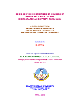 Socio-Economic Conditions of Members of Women Self- Help Groups in Nagapattinam District, Tamil Nadu