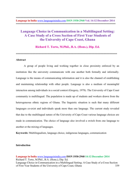 Language Choice in Communication in a Multilingual Setting: a Case Study of a Cross Section of First Year Students of the University of Cape Coast, Ghana