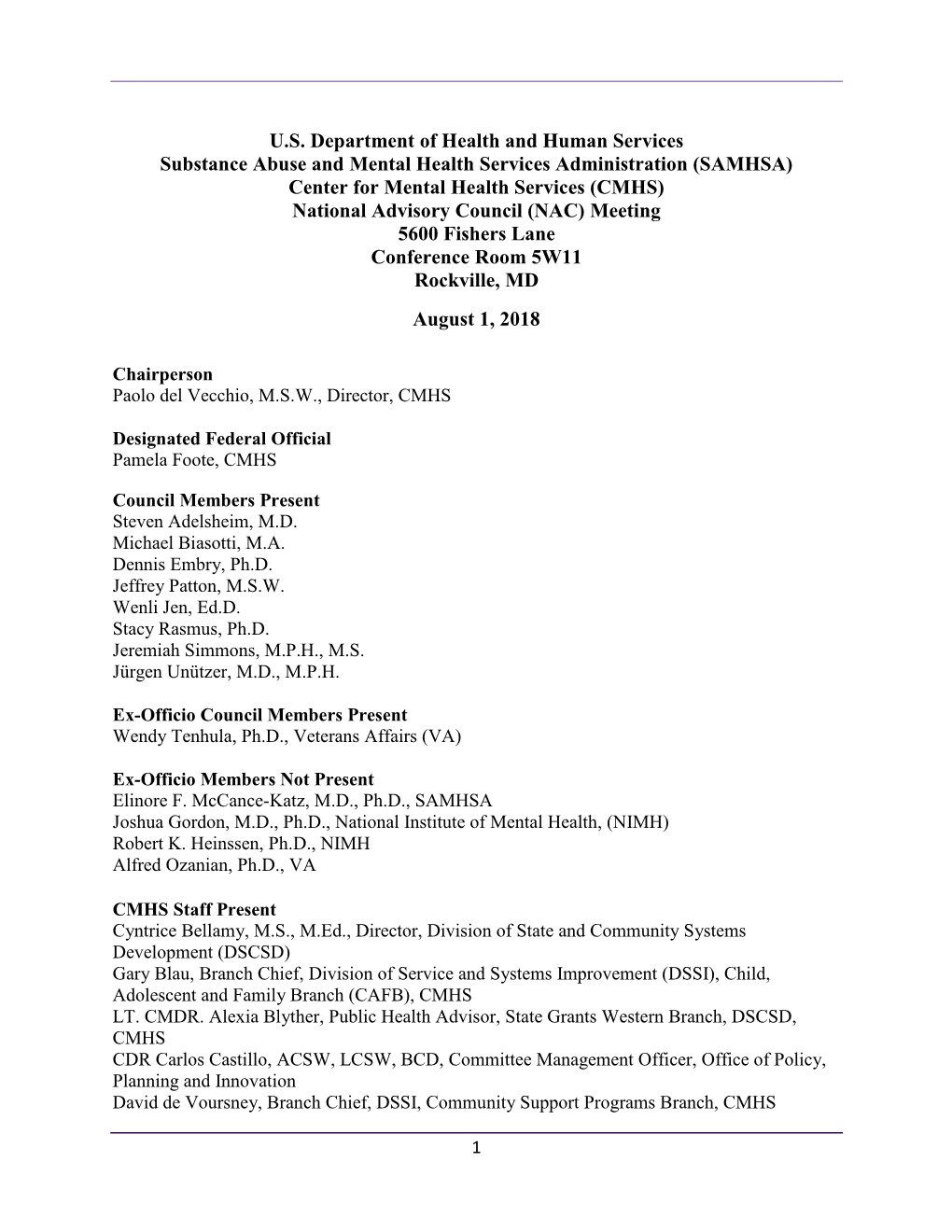 SAMHSA CMHS NAC August 1, 2018 Meeting Minutes