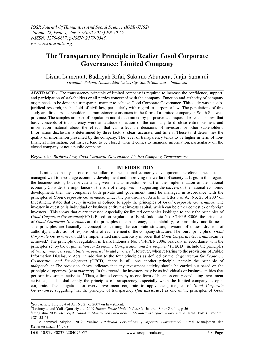 The Transparency Principle in Realize Good Corporate Governance: Limited Company