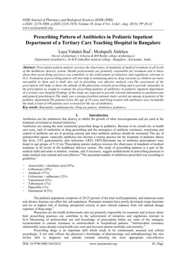 Prescribing Pattern of Antibiotics in Pediatric Inpatient Department of a Tertiary Care Teaching Hospital in Bangalore