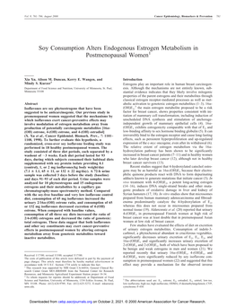 Soy Consumption Alters Endogenous Estrogen Metabolism in Postmenopausal Women1