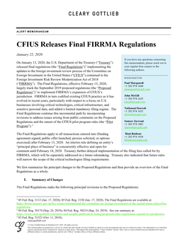 CFIUS Releases Final FIRRMA Regulations