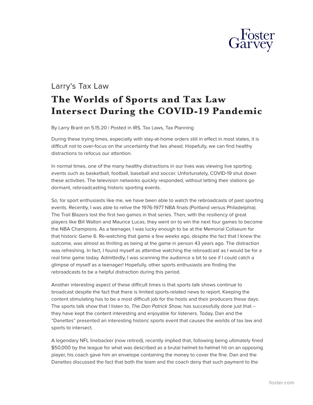The Worlds of Sports and Tax Law Intersect During the COVID-19 Pandemic