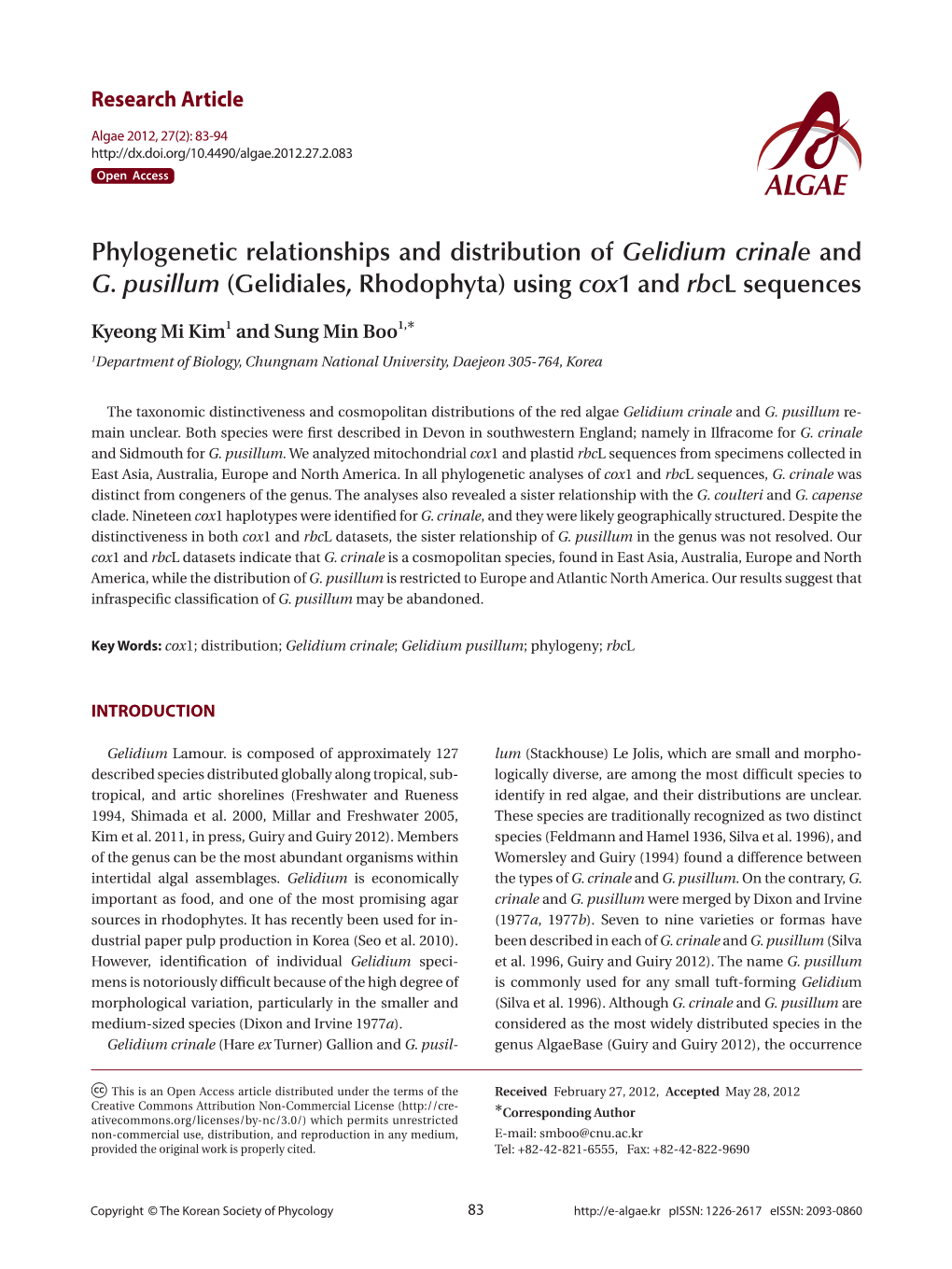 Gelidiales, Rhodophyta) Using Cox1 and Rbcl Sequences