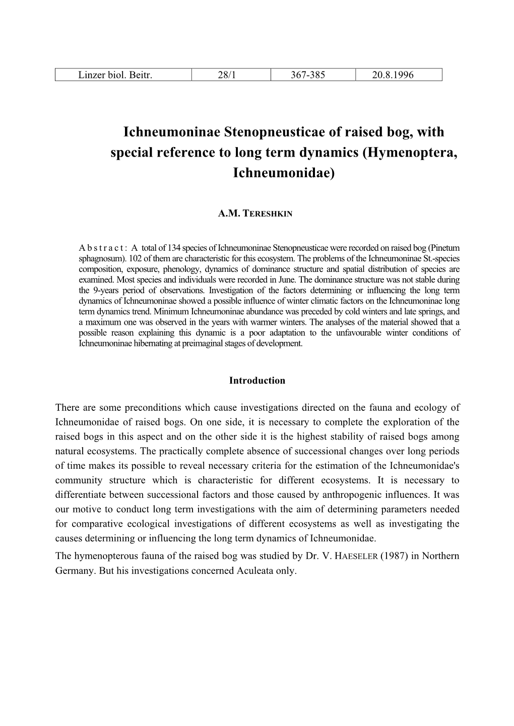 Ichneumoninae Stenopneusticae of Raised Bog, with Special Reference to Long Term Dynamics (Hymenoptera, Ichneumonidae)