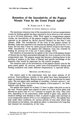 Retention of the Inoculativity of the Papaya Mosaic Virus by the Green Peach Aphid1