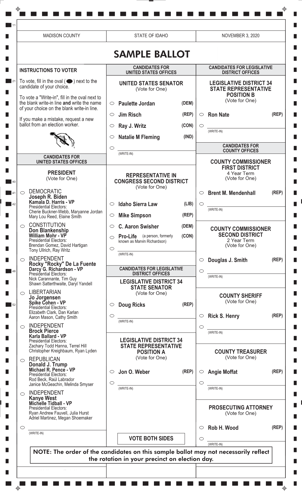 Sample Ballot May Not Necessarily Reflect the Rotationofficial in STAMP Your BOX Precinct on Election Day