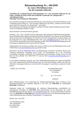 Bekanntmachung Nr.: 106/2020 Des Amtes Mitteldithmarschen Für Die Gemeinde Odderade