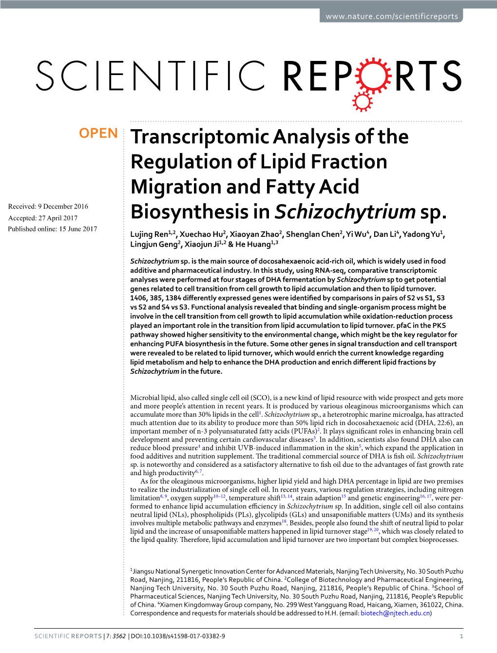 Transcriptomic Analysis of the Regulation of Lipid Fraction Migration and Fatty Acid Biosynthesis in Schizochytrium