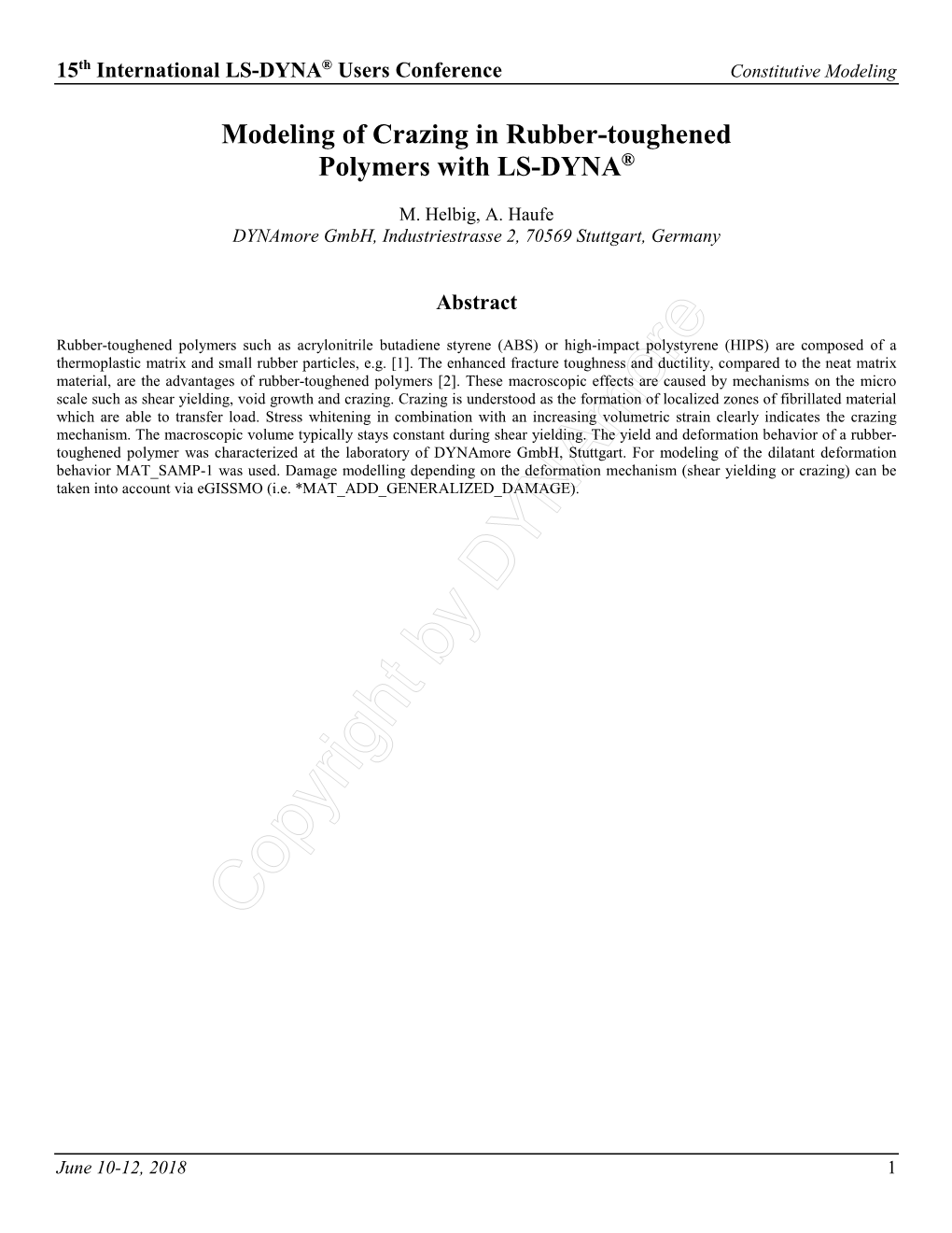 Modeling of Crazing in Rubber-Toughened Polymers with LS-DYNA®