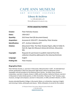 Peter Anastas Papers