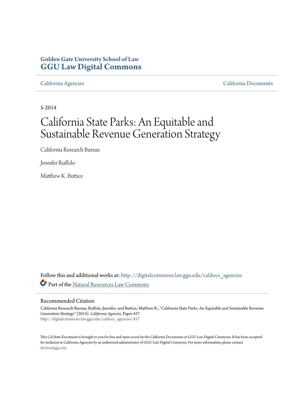 California State Parks: an Equitable and Sustainable Revenue Generation Strategy California Research Bureau