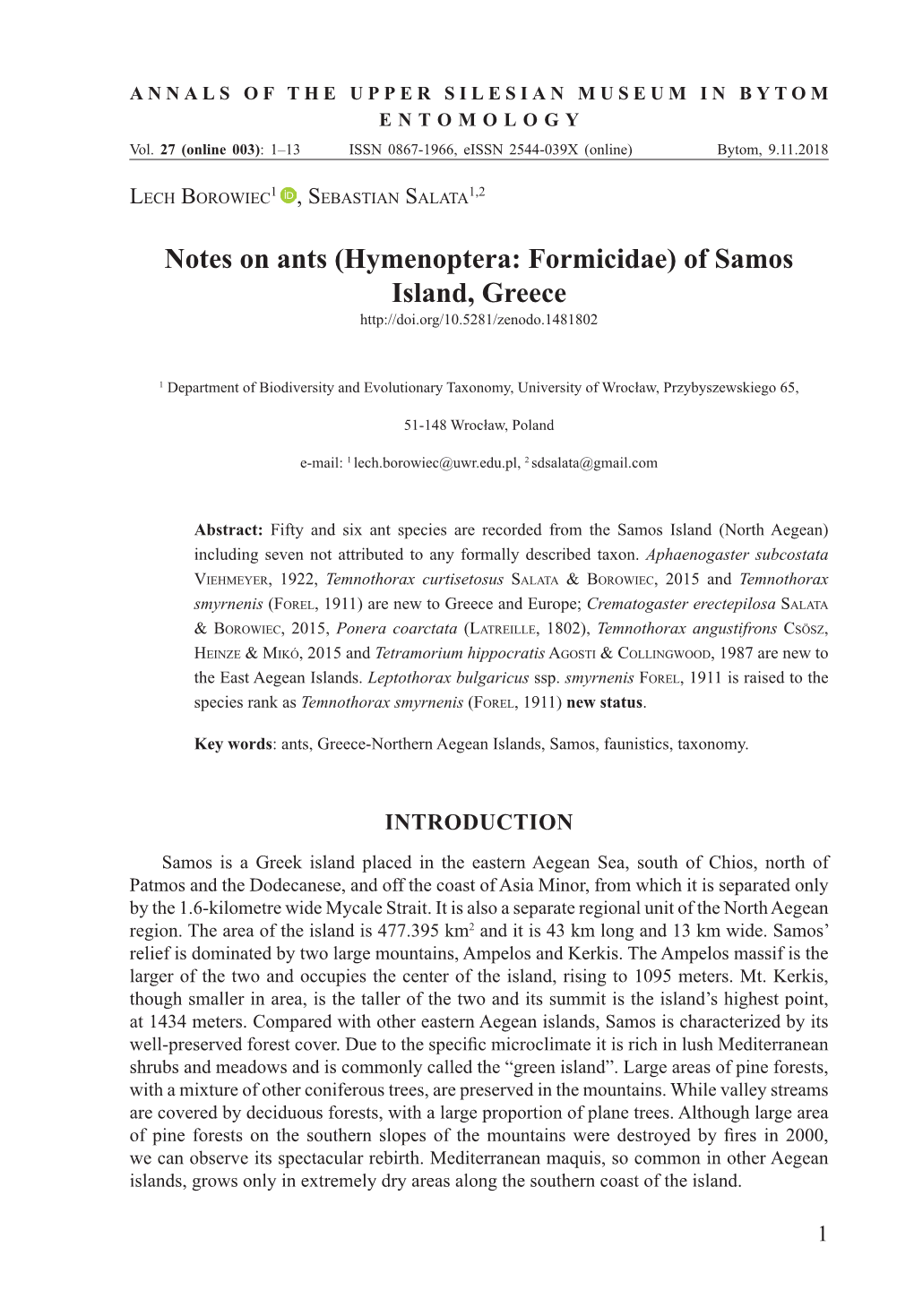 Notes on Ants (Hymenoptera: Formicidae) of Samos Island, Greece