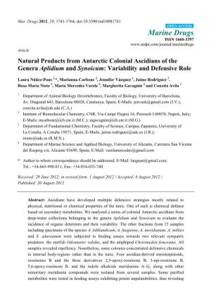 Natural Products from Antarctic Colonial Ascidians of the Genera Aplidium and Synoicum: Variability and Defensive Role