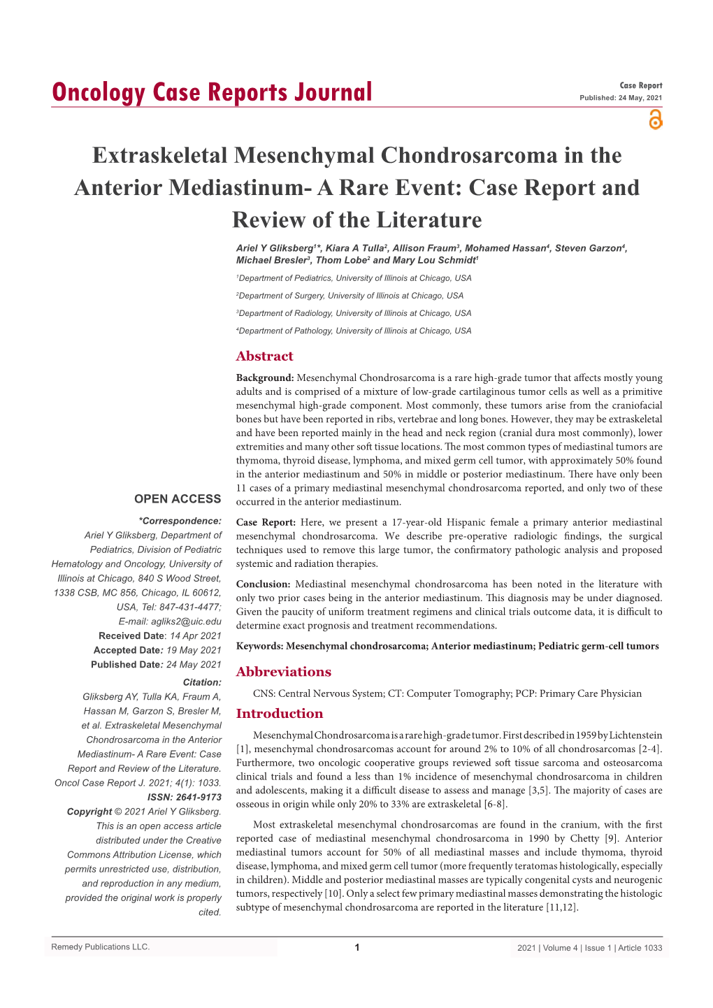 Extraskeletal Mesenchymal Chondrosarcoma in the Anterior Mediastinum- a Rare Event: Case Report and Review of the Literature