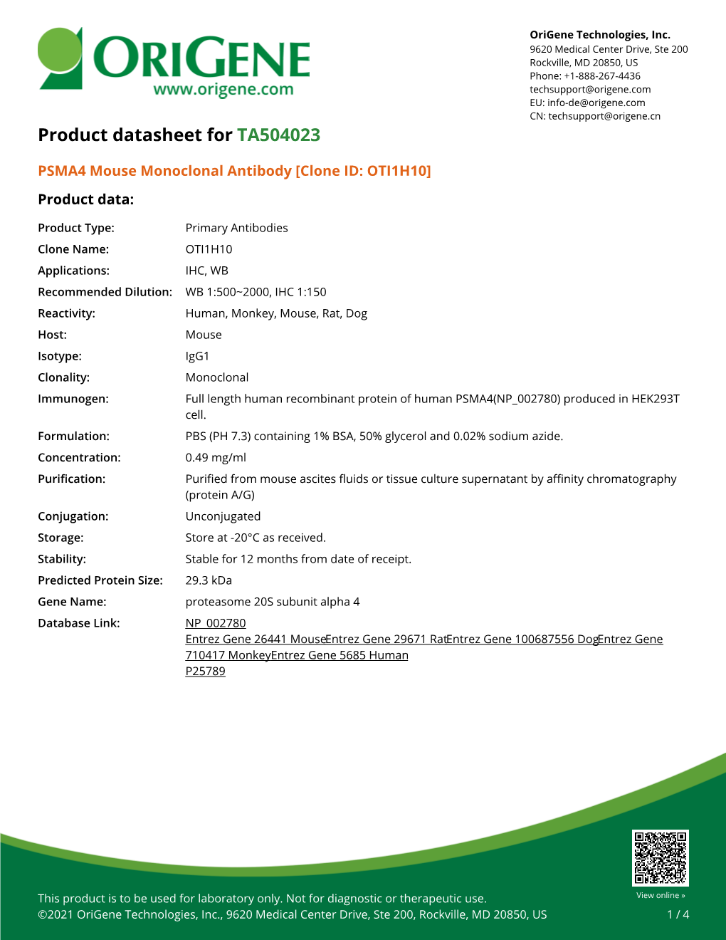 PSMA4 Mouse Monoclonal Antibody [Clone ID: OTI1H10] – TA504023 | Origene