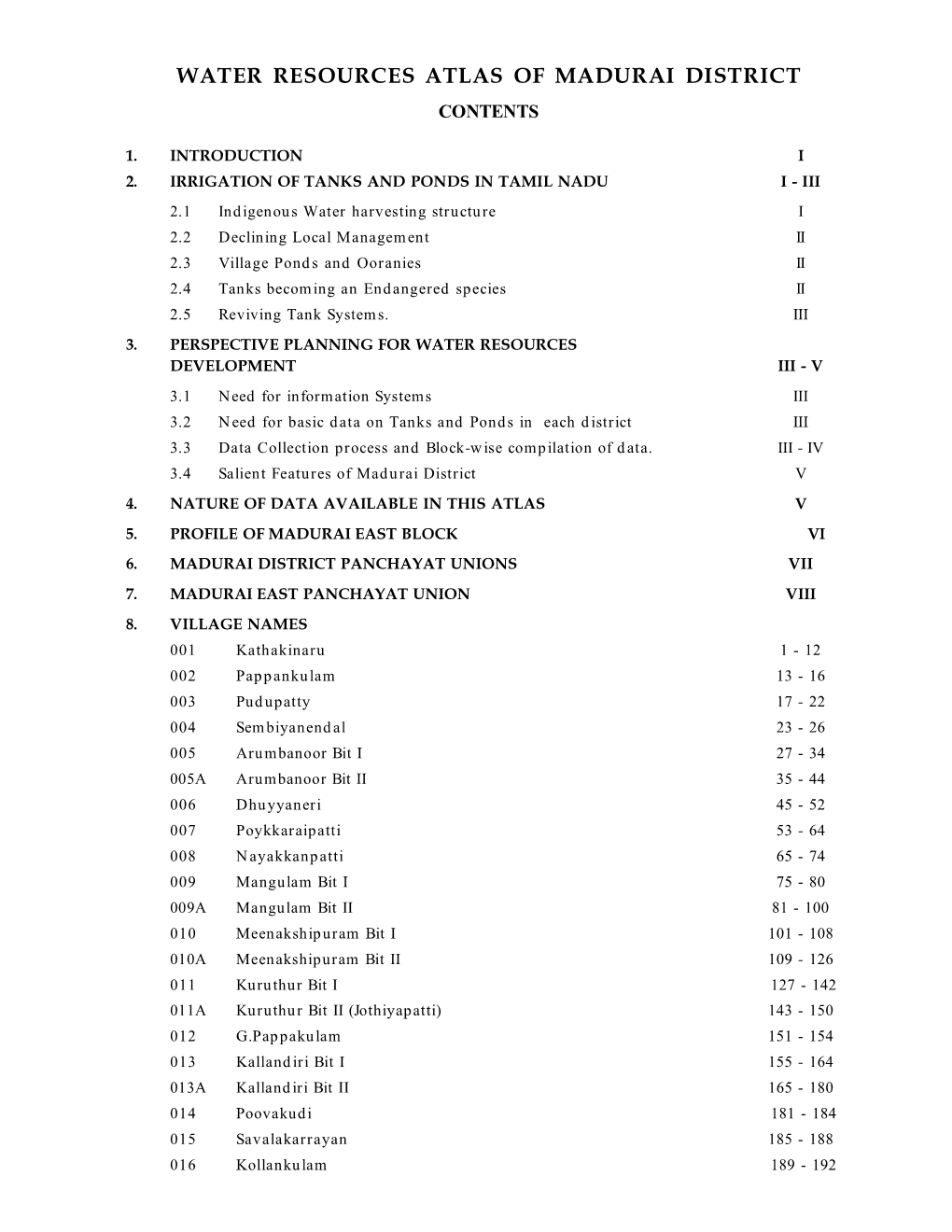 Water Resources Atlas of Madurai District Contents