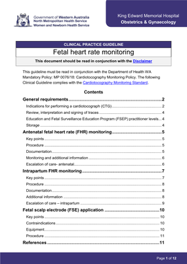 Fetal Heart Rate Monitoring This Document Should Be Read in Conjunction with the Disclaimer