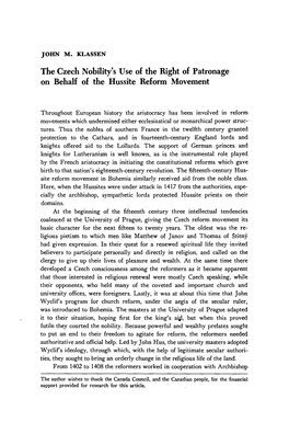 The Czech Nobility's Use of the Right of Patronage on Behalf of the Hussite Reform Movement