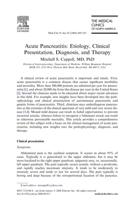 Acute Pancreatitis: Etiology, Clinical Presentation, Diagnosis, and Therapy Mitchell S