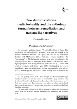 True Detective Stories: Media Textuality and the Anthology Format Between Remediation and Transmedia Narratives