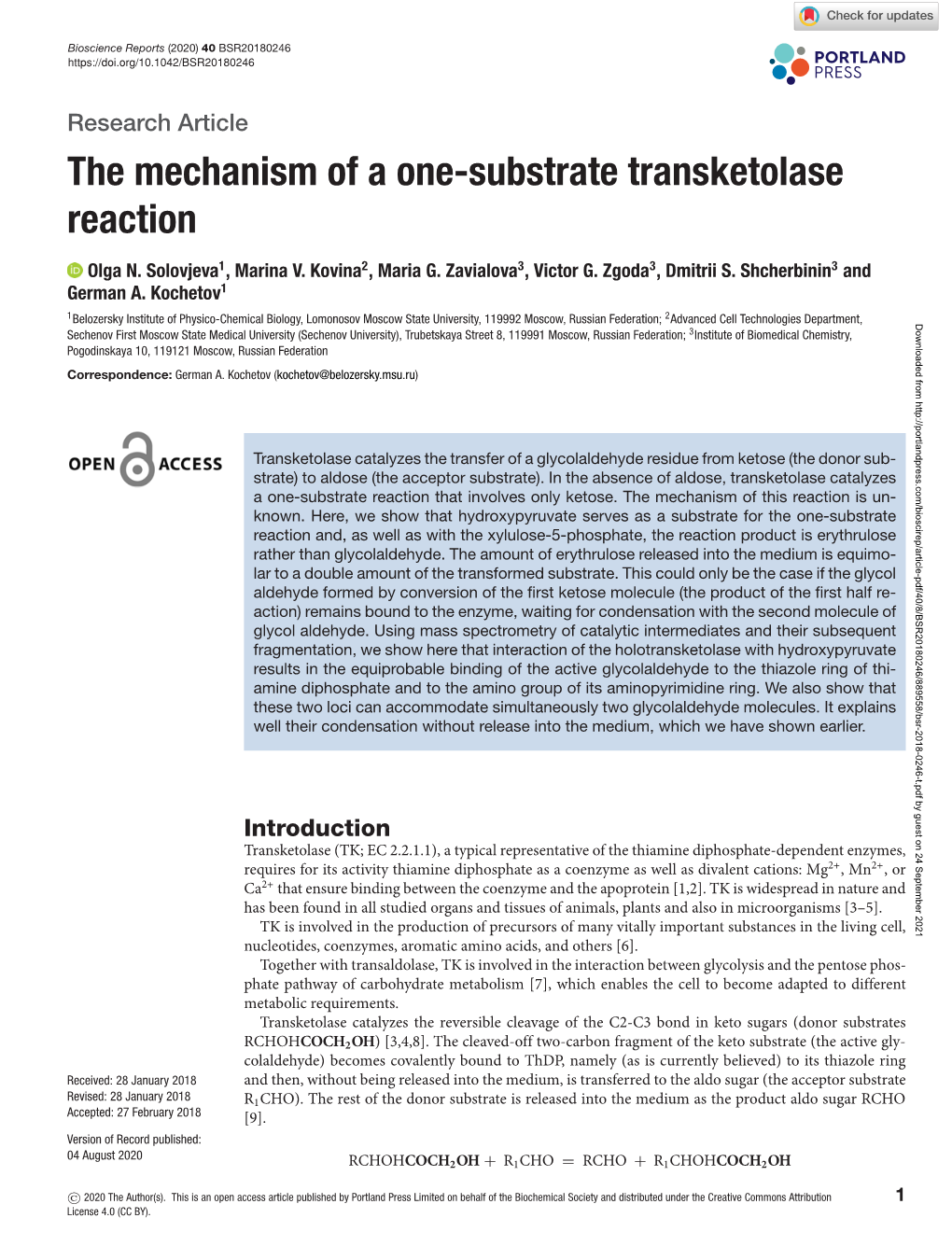 The Mechanism of a One-Substrate Transketolase Reaction