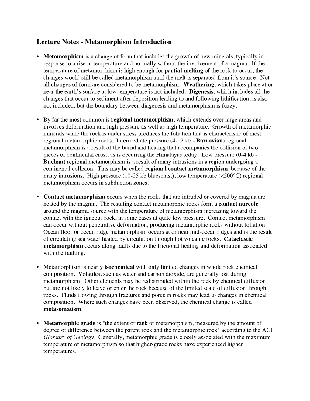 Lecture Notes - Metamorphism Introduction