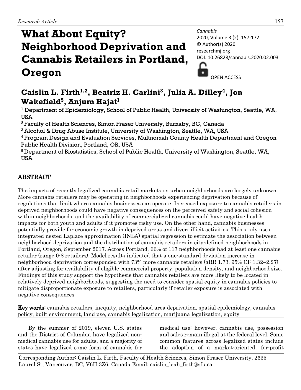 What About Equity? Neighborhood Deprivation and Cannabis Retailers