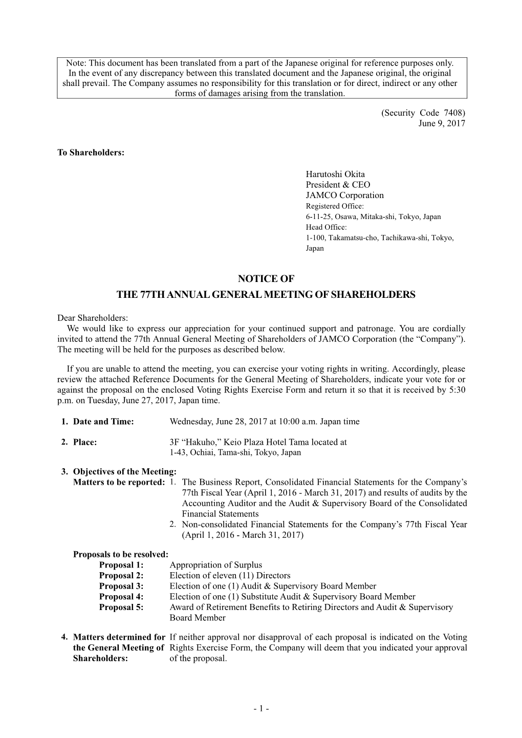 Notice of the 77Th Annual General Meeting of Shareholders