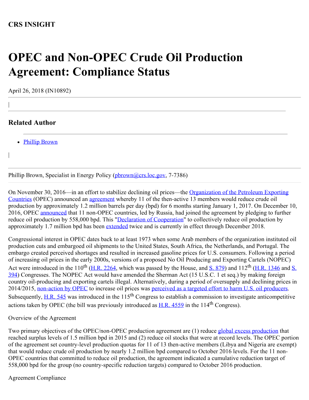 OPEC and Non-OPEC Crude Oil Production Agreement: Compliance Status