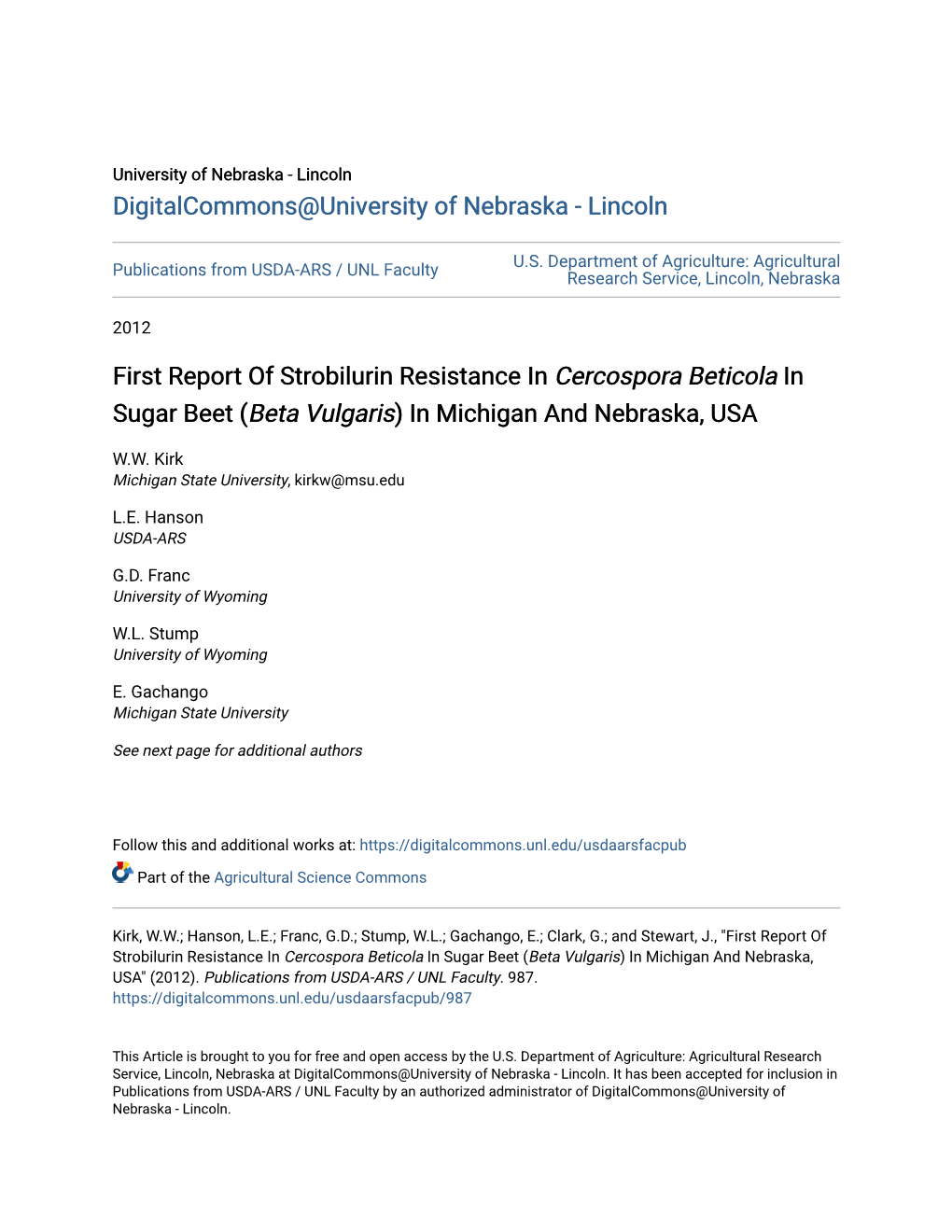 &lt;I&gt;Cercospora Beticola&lt;/I&gt; in Sugar Beet (&lt;I&gt;Beta Vulgaris&lt;/I&gt;