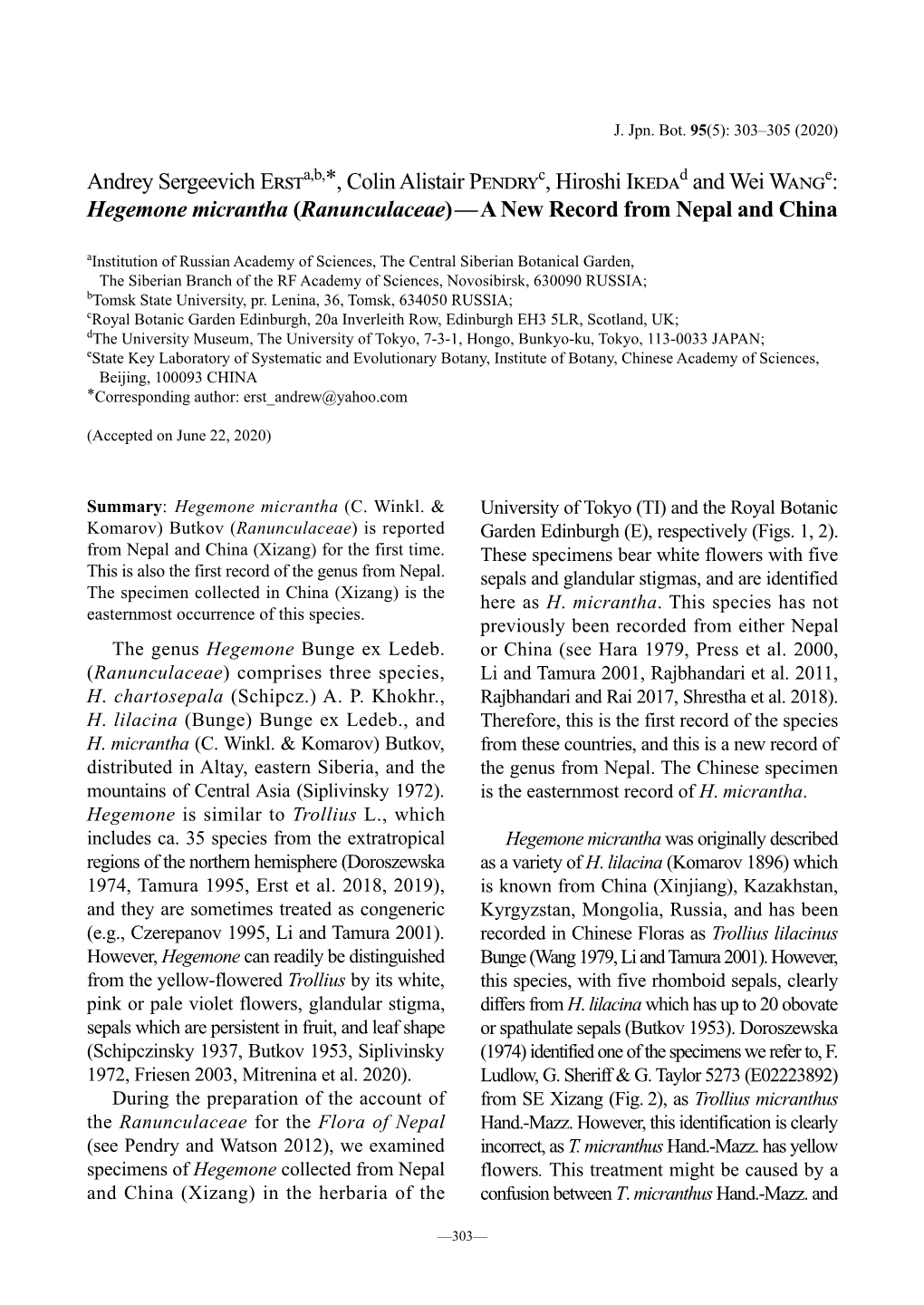 Hegemone Micrantha (Ranunculaceae)—A New Record from Nepal and China