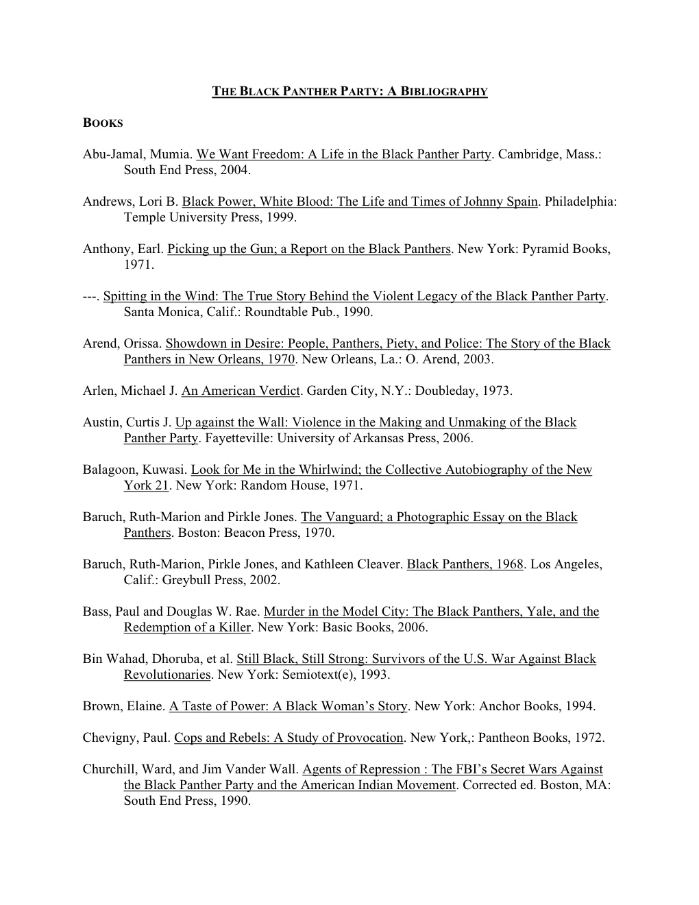 Black Panther Party Bibliography