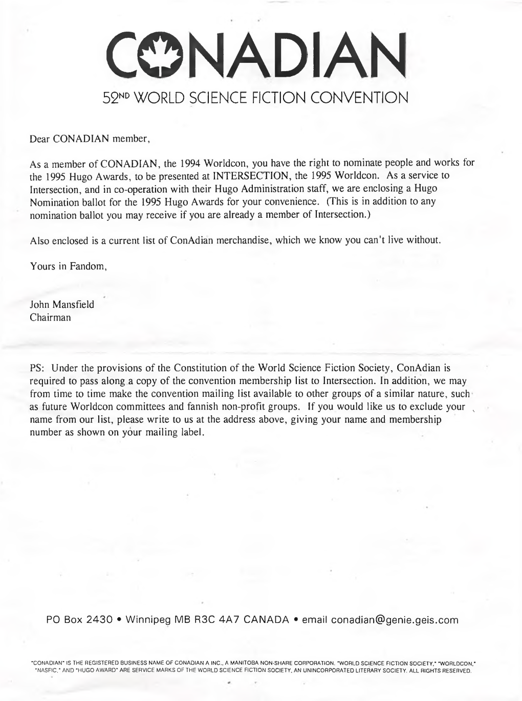 Conadian 1995 Hugo Nominations Ballot Mailing.Pdf