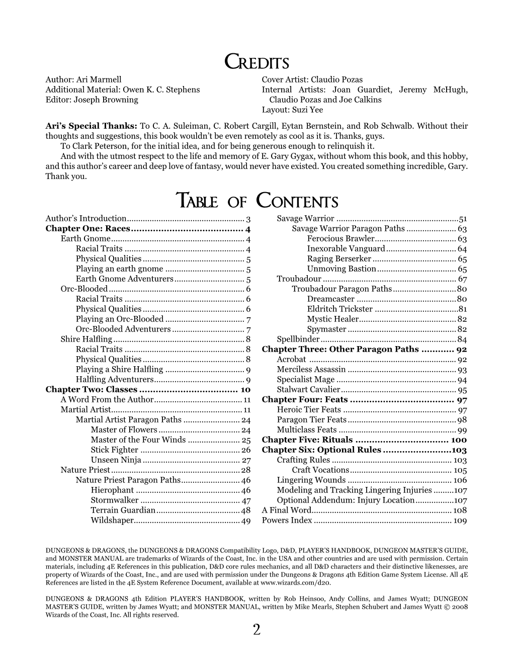 Table of Contents Credits