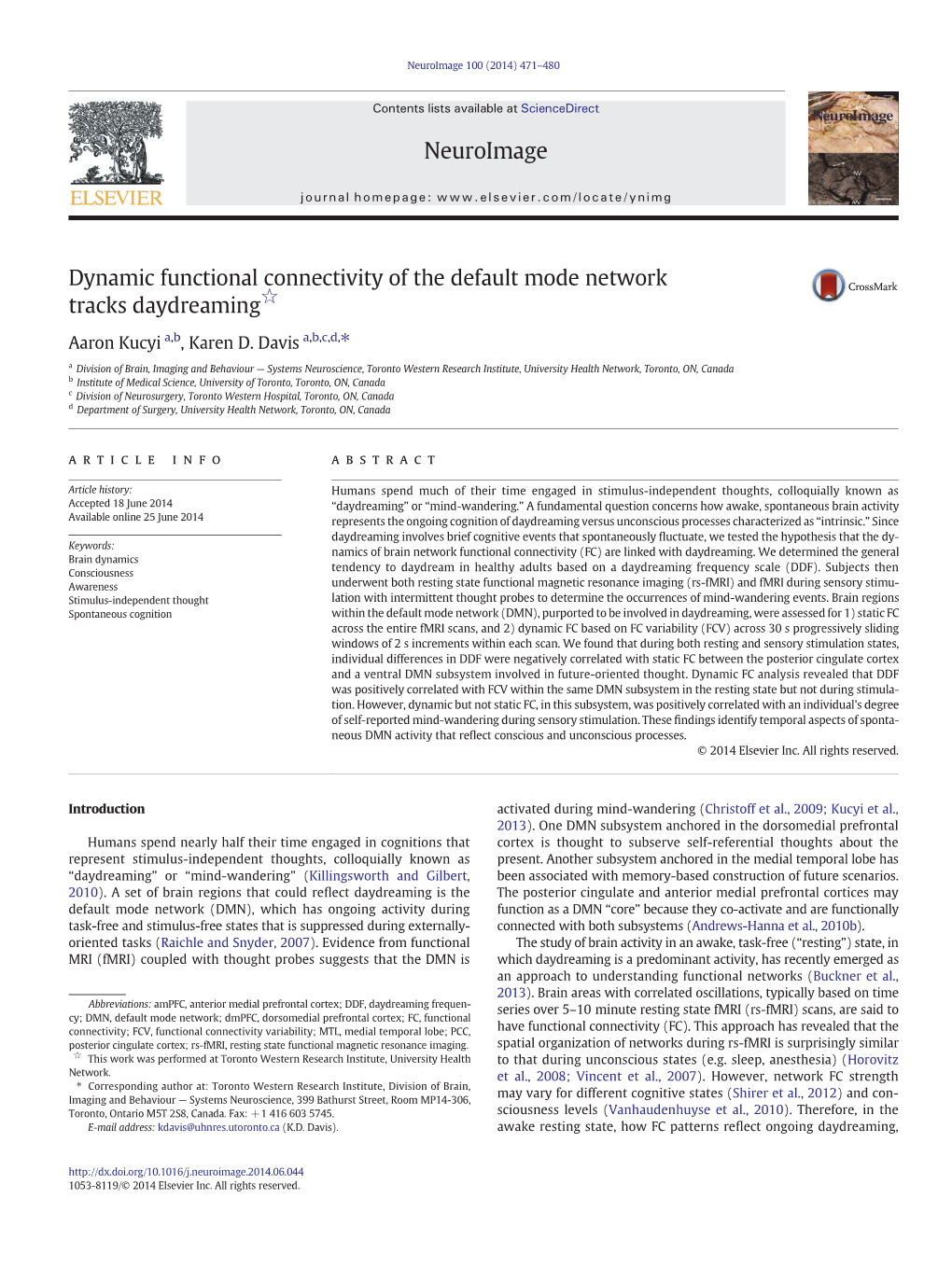 Dynamic Functional Connectivity of the Default Mode Network Tracks Daydreaming☆