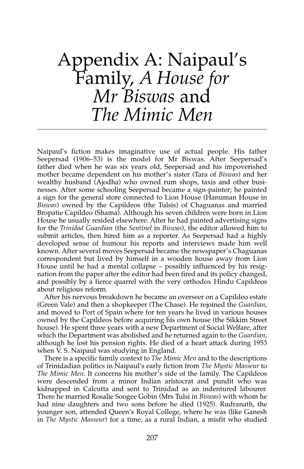 Appendix A: Naipaul's Family, a House for Mr Biswas and the Mimic