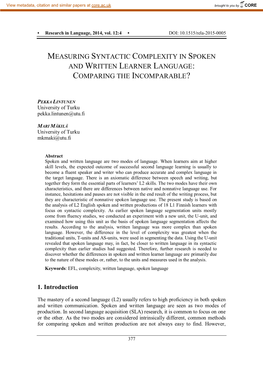 Measuring Syntactic Complexity in Spoken and Written Learner Language: Comparing the Incomparable?