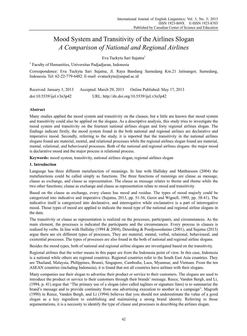 Mood System and Transitivity of the Airlines Slogan a Comparison of National and Regional Airlines