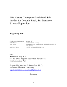 Life History Conceptual Model and Sub-Models Longfin Smelt, San Francisco Estuary Population