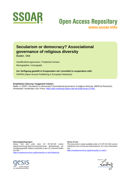 Associational Governance of Religious Diversity Bader, Veit