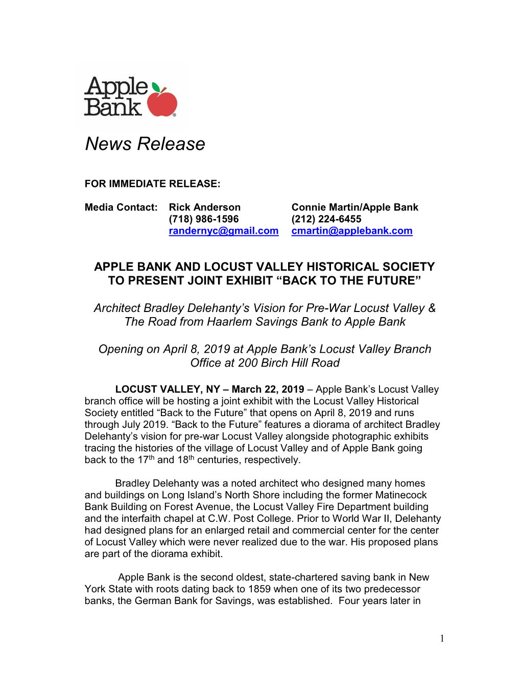 Apple Bank and Locust Valley Historical Society to Present Joining