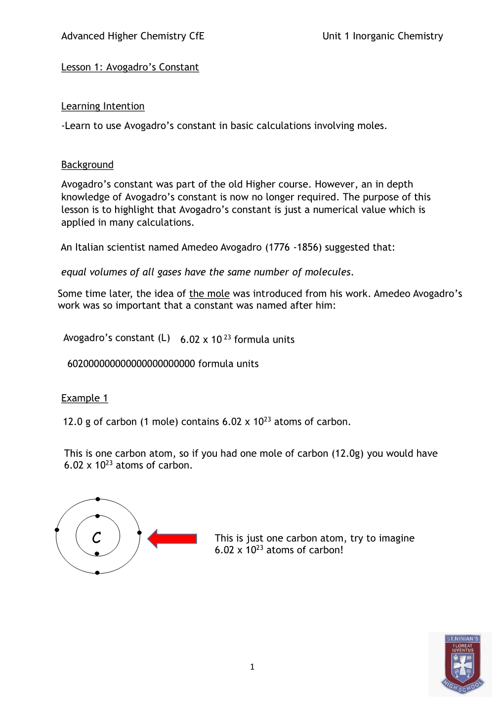 Advanced Higher Chemistry Cfe Unit 1 Inorganic Chemistry Lesson 1: Avogadro's Constant Learning Intention