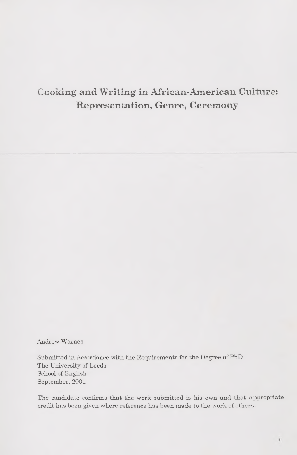 Cooking and Writing in African-American Cultures Representation, Genre, Ceremony