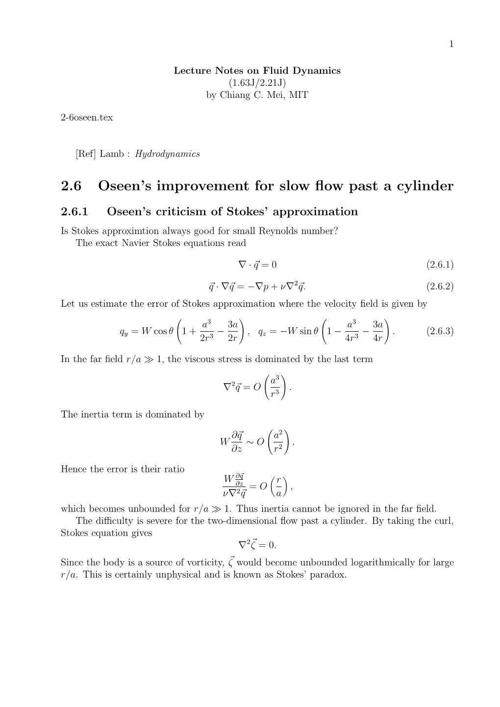 2.6 Oseen's Improvement for Slow Flow Past a Cylinder