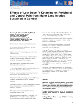 Effects of Lowdose IV Ketamine on Peripheral and Central Pain from Major Limb Injuries Sustained in Combat