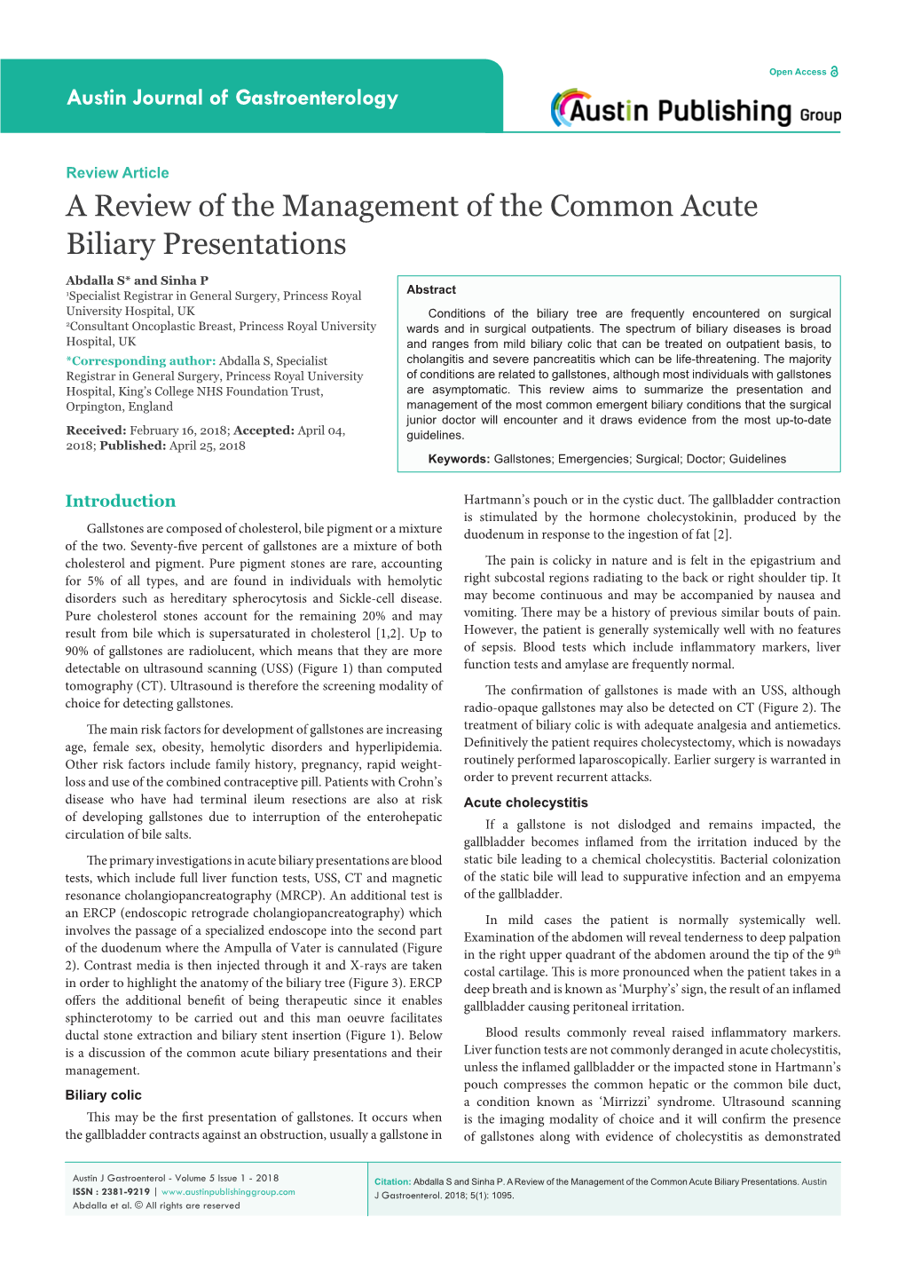 A Review of the Management of the Common Acute Biliary Presentations