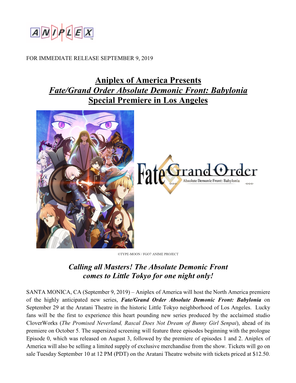 Aniplex of America Presents Fate/Grand Order Absolute Demonic Front: Babylonia Special Premiere in Los Angeles